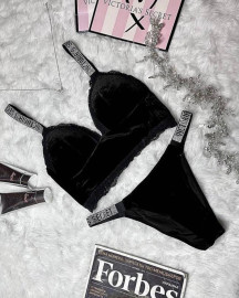 Велюровий комплект білизни зі стразами на шлейках Victorias Secret в подарунковому пакуванні